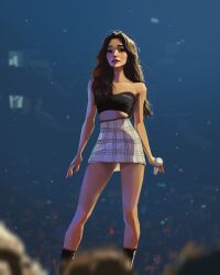 Rule 34 | 1girl, audience, black footwear, brown hair, commentary, concert, crop top, english commentary, highres, k-pop, microphone, mina (twice), on stage, real life, sam yang, shirt, skirt, sleeveless, sleeveless shirt, stage, stage lights, twice (group), white skirt