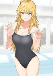 Rule 34 | 1girl, ahoge, alternate costume, black one-piece swimsuit, blonde hair, blurry, blurry background, blush, breasts, cleavage, commentary, competition school swimsuit, day, depth of field, green eyes, grin, hair between eyes, hands up, highres, hoshii miki, idolmaster, idolmaster (classic), idolmaster million live!, indoors, large breasts, legs together, long hair, looking at viewer, messy hair, nail polish, one-piece swimsuit, orange nails, parted bangs, pool, poolside, pulled by self, revision, school swimsuit, sidelocks, smile, solo, standing, straight-on, strap pull, swimsuit, thighs, tsurui, very long hair, water, window, window shadow