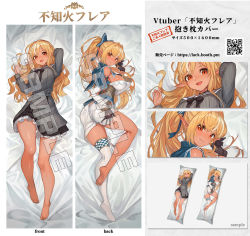 Rule 34 | 1girl, ad, ahoge, ass, bare legs, barefoot, bed sheet, black gloves, black ribbon, blonde hair, blush, bow, breasts, butt crack, character name, chinese clothes, closed mouth, clothing cutout, commentary, dakimakura (medium), dark-skinned female, dark skin, dress, elf, english text, full body, gloves, grey dress, hair bow, highres, hololive, lack, long hair, long sleeves, looking at viewer, lying, medium breasts, multicolored hair, multiple views, neck ribbon, official alternate costume, official art, on back, on side, open mouth, pinstripe dress, pinstripe pattern, pointy ears, ponytail, qr code, red eyes, ribbon, sailor collar, sample watermark, shiranui flare, shiranui flare (street), short dress, shoulder cutout, sideboob, single thighhigh, smile, streaked hair, striped clothes, striped dress, thighhighs, thighs, two-tone hair, vertical-striped clothes, vertical-striped dress, virtual youtuber, watermark, web address, white hair, white thighhighs