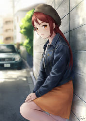 Rule 34 | 1girl, :d, against wall, bad id, bad pixiv id, beret, black hat, blue jacket, blurry, blurry background, blush, breast pocket, building, car, casual, day, denim, denim jacket, depth of field, feet out of frame, from side, hat, highres, jacket, leg up, long hair, long sleeves, looking to the side, love live!, love live! school idol festival, love live! sunshine!!, medium skirt, motor vehicle, nissan, open clothes, open jacket, open mouth, orange eyes, orange skirt, own hands together, papi (papiron100), pocket, red hair, road, sakurauchi riko, signature, skirt, smile, solo, standing, standing on one leg, stone wall, straight hair, street, sunlight, town, wall