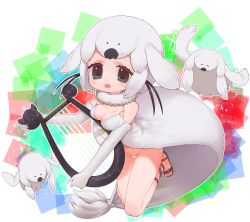Rule 34 | 1girl, :o, absurdres, bare shoulders, black eyes, black hair, breast rest, breasts, chibi, elbow gloves, full body, fur collar, gloves, harp, harp seal (kemono friends), highres, holding, holding instrument, huge filesize, instrument, kemono friends, looking at viewer, multicolored hair, notora, open mouth, outline, panties, sandals, short hair, solo, spaghetti strap, two-tone hair, underwear, white gloves, white hair, white outline, white panties