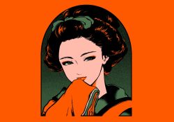 Rule 34 | 1girl, black hair, colored skin, geisha, green eyes, green loop, hair ornament, hand on own face, highres, japanese clothes, kimono, light orange hair, lips, lipstick, looking at viewer, loop on hair, makeup, minillustration, orange lips, simple background, smile, solo, white skin