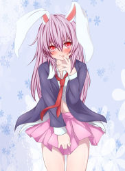 Rule 34 | 1girl, animal ears, blue background, blush, cowboy shot, fingernails, floral background, frown, gradient background, hand on own face, head tilt, highres, jacket, light purple hair, looking at viewer, midriff, misumo, necktie, open clothes, open jacket, pleated skirt, rabbit ears, red eyes, red necktie, reisen udongein inaba, skirt, skirt hold, solo, suit jacket, touhou