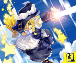 Rule 34 | 1girl, bad id, bad pixiv id, beam, blonde hair, blue sky, braid, broom, broom surfing, brown eyes, day, female focus, fingerless gloves, flying, gloves, grin, hair over one eye, hat, holding, holding clothes, holding hat, kirisame marisa, master spark, mini-hakkero, sky, smile, solo, star (symbol), tora jun, touhou, witch, witch hat