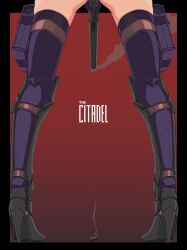 1girl armor between_legs boots bow doekuramori gradient_background greaves gun high_heel_boots high_heels holding holding_gun holding_pistol holding_weapon leg_strap lower_body martyr_(the_citadel) official_art pouch purple_thighhighs red_bow standing the_citadel thigh_pouch thighhighs title weapon