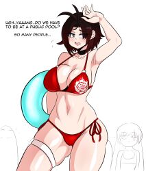 Rule 34 | 2girls, absurdres, ahoge, armpits, bikini, black hair, blush, breasts, cameltoe, choker, cleavage, collarbone, curvy, english text, grey eyes, highres, kinathefox, large breasts, looking to the side, multiple girls, navel, open mouth, red bikini, red hair, ruby rose, rwby, shiny skin, short hair, stomach, swimsuit, thick thighs, thigh strap, thighs, weiss schnee, white background, wide hips