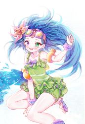 Rule 34 | 1girl, :d, bare shoulders, blue eyes, blue hair, blush, collarbone, flower, goggles, goggles on head, green eyes, green one-piece swimsuit, grey background, hair flower, hair ornament, heterochromia, highres, layered swimsuit, league of legends, long hair, one-piece swimsuit, open mouth, pool party zoe, sandals, scrunchie, shito neko (zitonger), simple background, smile, solo, swimsuit, teeth, tongue, upper teeth only, wrist scrunchie, zoe (league of legends)