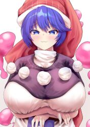 Rule 34 | 1girl, :3, arms up, blue eyes, blue hair, book, breasts, closed mouth, commentary, doremy sweet, dream soul, hat, highres, huge breasts, looking at viewer, nightcap, pom pom (clothes), red headwear, rion (user ufvg8527), short hair, solo, symbol-only commentary, touhou, upper body