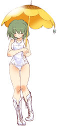 Rule 34 | 1girl, boots, breasts, cameltoe, closed eyes, covered navel, cross-laced footwear, curvy, dei shirou, female focus, frog, frozen, full body, green hair, highres, kazami yuuka, lace-up boots, medium breasts, one-piece swimsuit, parasol, school swimsuit, short hair, simple background, smile, solo, standing, swimsuit, thigh gap, touhou, umbrella, white background, white one-piece swimsuit, white school swimsuit