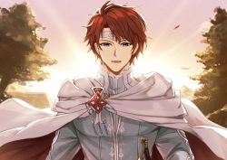 Rule 34 | 1boy, blue eyes, cape, eliwood (fire emblem), fire emblem, fire emblem: the blazing blade, fire emblem heroes, headband, highres, looking at viewer, male focus, nakabayashi zun, nintendo, open mouth, red hair, short hair, simple background, smile, solo