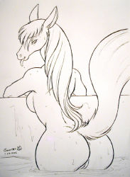 Rule 34 | 1girl, ass, breasts, dr comet, female focus, furry, furry female, gradient background, horse, hourglass, long hair, looking at viewer, monochrome, personification, presenting, pussy, sexually suggestive, solo, tail, tail raised, tongue, water, wet
