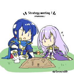 Rule 34 | 1boy, 1girl, blue cape, blue eyes, blue hair, book, brother and sister, cape, chibi, circlet, english text, fire emblem, fire emblem: genealogy of the holy war, headband, jewelry, julia (fire emblem), long hair, nintendo, open mouth, ponytail, purple cape, purple eyes, purple hair, seliph (fire emblem), siblings, simple background, sitting, talking, tyrfing (fire emblem), white headband, yukia (firstaid0)