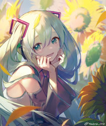 Rule 34 | 1girl, :d, bare shoulders, black thighhighs, blue eyes, blue hair, commentary request, day, detached sleeves, flower, flower field, from side, grey shirt, hands on own cheeks, hands on own face, hatsune miku, headset, highres, ito taera, long hair, long sleeves, looking at viewer, looking to the side, open mouth, outdoors, shirt, signature, smile, solo, sunflower, sunflower field, sunflower petals, sunlight, thighhighs, twintails, twitter username, very long hair, vocaloid, yellow flower
