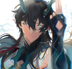 Rule 34 | 1boy, black hair, chinese clothes, closed mouth, commentary, dan heng (honkai: star rail), dan heng (imbibitor lunae) (honkai: star rail), derivative work, detached sleeves, dragon horns, english commentary, green eyes, hair between eyes, highres, honkai: star rail, honkai (series), horns, long hair, long sleeves, makeup, maysupii, pectoral cleavage, pectorals, pointy ears, simple background, spoilers, twitter username, upper body, white background