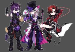 Rule 34 | 3boys, absurdres, alternate costume, androgynous, arm up, baggy pants, banzoin hakka, bishounen, black gloves, black shorts, black socks, blue eyes, blue hair, boots, chest harness, chibi, commentary, english commentary, full body, gavis bettel, gloves, goth fashion, grey background, grey hair, hair between eyes, harness, hat, hat ribbon, heterochromia, high heel boots, high heels, highres, holding, holding microphone, holostars, holostars english, jacket, knee boots, long coat, long hair, looking at viewer, machina x flayon, male focus, mechanical tail, medium hair, microphone, multicolored hair, multiple boys, nonsensemanna, o-ring, o-ring harness, open mouth, outline, pants, pink eyes, pink hair, ponytail, punk, purple hair, red eyes, red hair, red jacket, ribbon, scarf, shoes, short hair, shorts, smile, sneakers, socks, standing, striped clothes, tail, teardrop tattoo, top hat, two-tone hair, vertical-striped clothes, virtual youtuber, white outline, white scarf, wire