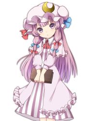Rule 34 | 1girl, blush, book, capelet, crescent, dress, female focus, hair ribbon, hat, highres, holding, holding book, kamekichi (kamekiti), long hair, patchouli knowledge, purple eyes, purple hair, ribbon, solo, striped clothes, striped dress, touhou, white background