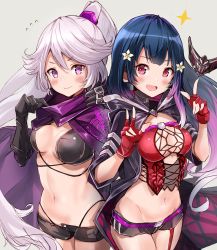 Rule 34 | 2girls, :d, armor, black cloak, black shorts, blue hair, blush, breasts, breasts apart, cape, character request, cloak, closed mouth, commentary request, cowboy shot, fay (shironeko project), fingerless gloves, flying sweatdrops, frown, fuku kitsune (fuku fox), garter straps, gauntlets, gloves, grey background, groin, hair ornament, hand up, hands up, highleg, highleg panties, highres, long hair, looking at viewer, mare (shironeko project), mask, unworn mask, medium breasts, micro shorts, midriff, multicolored hair, multiple girls, navel, open fly, open mouth, panties, ponytail, purple cape, purple eyes, purple hair, red eyes, red gloves, revealing clothes, shironeko project, short sleeves, shorts, side-by-side, sidelocks, silver hair, simple background, single garter strap, smile, sparkle, standing, stomach, two-tone hair, underwear, v-shaped eyebrows, very long hair, wavy mouth