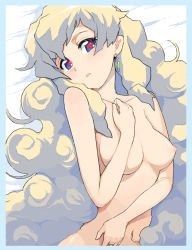 Rule 34 | + +, 00s, 1girl, bed, bed sheet, blush, breasts, breasts apart, completely nude, covering breasts, covering one breast, covering privates, cross-shaped pupils, earrings, hand on own chest, jewelry, long hair, lying, moudoku (decopon3rd), multicolored eyes, multicolored hair, nia teppelin, nipples, nude, nude cover, out-of-frame censoring, ring, solo, symbol-shaped pupils, tengen toppa gurren lagann, very long hair