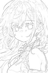 Rule 34 | 1girl, bare shoulders, bow, bowtie, clothing cutout, frilled shirt collar, frills, greyscale, hair between eyes, high contrast, highres, long hair, looking at viewer, mochu (aoishikabane), monochrome, original, parted lips, shirt, shoulder cutout, sidelocks, simple background, solo, tsurime, upper body