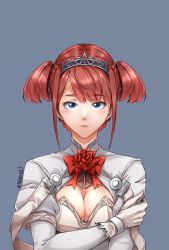 Rule 34 | 1girl, ark royal (kancolle), blue eyes, blunt bangs, breasts, cleavage, cleavage cutout, clothing cutout, flower, grey background, hairband, highres, kantai collection, kazaharu matsuhata, long sleeves, looking at viewer, red flower, red hair, red ribbon, red rose, ribbon, rose, short hair, simple background, solo, tiara, twintails, upper body