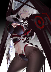 1girl, absurdres, blush, breasts, brown legwear, closed mouth, clothing cutout, contrapposto, eyebrows visible through hair, gradient, gradient background, grey hair, hair between eyes, highres, holding, holding polearm, holding weapon, horz, long hair, navel, navel cutout, original, pantyhose, polearm, purple eyes, sketch, solo, weapon