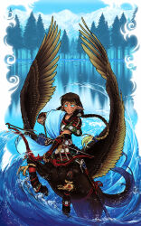 Rule 34 | 1girl, arm guards, armor, arrow (projectile), bandaged fingers, bandages, beads, black hair, blonde hair, blue background, blue eyes, bow (weapon), braid, braided ponytail, brown hair, centaur, closed mouth, day, earrings, facepaint, facial mark, feathered wings, flower on liquid, hand up, highres, holding, holding arrow, holding bow (weapon), holding weapon, hoop earrings, japanese armor, japanese clothes, jewelry, lake, long hair, looking at viewer, mountainous horizon, multicolored hair, pine tree, pixiv genealogy of life, pointy ears, quiver, rearing, sheath, sheathed, short sleeves, single braid, sky, solo, sword, tassel, taur, tree, two-tone hair, very long hair, wading, watari taichi, water, waves, weapon, wings