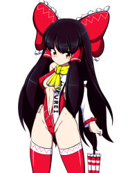 Rule 34 | 1girl, adapted costume, alternate costume, ascot, black hair, blush, bow, breasts, brown eyes, center opening, character name, closed umbrella, clothes writing, detached sleeves, frills, groin, hair bow, hair tubes, hakurei reimu, hand on own hip, highleg, highleg leotard, hip focus, kagayama hajime, leotard, long hair, looking at viewer, navel, planted, planted umbrella, race queen, red leotard, red thighhighs, scarf, sideboob, sidelocks, simple background, small breasts, solo, standing, thighhighs, touhou, umbrella, very long hair, white background