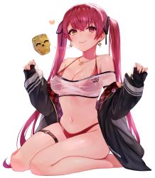 Rule 34 | 1girl, arrow through heart, artist name, badge, bikini, black jacket, blush, breasts, button badge, cleavage, closed mouth, earrings, hair ornament, hair ribbon, hairclip, heart, heart earrings, heart necklace, heterochromia, highres, hololive, houshou marine, houshou marine (summer), jacket, jewelry, kneeling, long hair, medium breasts, navel, necklace, o-ring, o-ring thigh strap, off shoulder, official alternate costume, red eyes, red hair, ribbon, see-through, simple background, skull cup, smile, solo, swimsuit, thigh strap, tsunakawa, twintails, very long hair, virtual youtuber, white background, yellow eyes