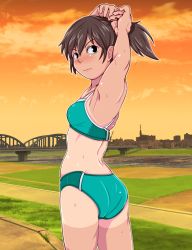 Rule 34 | 1girl, armpits, arms behind head, arms up, ass, back, black eyes, blue buruma, blue sports bra, bridge, brown hair, buruma, closed mouth, commentary request, cowboy shot, freckles, from behind, frown, highres, looking at viewer, looking back, orange sky, original, outdoors, pantylines, river, short ponytail, sky, solo, sports bikini, sports bra, standing, stretching, sweat, tan, tanaka rikimaru, tanline, track and field, twilight