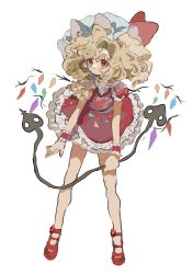 Rule 34 | 1girl, bare legs, blonde hair, crystal, dress, flandre scarlet, frilled dress, frills, full body, hat, highres, holding, holding weapon, inkopico, laevatein (touhou), looking afar, mary janes, messy hair, mob cap, red dress, red eyes, red footwear, shoes, simple background, solo, touhou, weapon, white background, wrist cuffs