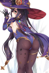 Rule 34 | 1girl, ass, blush, breasts, cameltoe, cape, embarrassed, from behind, genshin impact, gloves, green eyes, hair ornament, hat, leotard, long hair, looking at viewer, looking back, medium breasts, mona (genshin impact), nbit, pantyhose, purple hair, shiny clothes, sideboob, solo, thighlet, twintails, very long hair