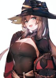 Rule 34 | 1girl, basket, blush, breasts, brown hair, candy, cape, cat, choker, cleavage, dress, elbow gloves, food, girls&#039; frontline, gloves, green eyes, hair between eyes, hair rings, halloween, hat, highres, holding, holding basket, holding food, irikawa, large breasts, lollipop, long hair, looking at viewer, official alternate costume, open mouth, ponytail, sidelocks, simple background, smile, solo, springfield (classic witch) (girls&#039; frontline), springfield (girls&#039; frontline), upper body, white background, witch, witch hat