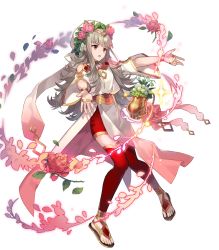 Rule 34 | 1girl, artist request, dress, fire emblem, fire emblem heroes, floating, floating object, flower, flower pot, full body, gold trim, gradient clothes, grey hair, hair ornament, highres, jewelry, long hair, looking away, nintendo, official art, open mouth, pelvic curtain, petals, red hair, red thighhighs, sandals, solo, sparkle, thighhighs, thorns, tiara, toes, transparent background, veronica (fire emblem), wide sleeves