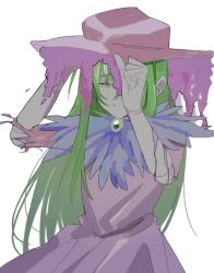 Rule 34 | 1boy, alriune, brooch, crossdressing, doll joints, dress, e.g.o (project moon), feather trim, flower, green hair, hair between eyes, hand on headwear, hat, highres, jewelry, joints, lobotomy corporation, long hair, looking at viewer, male focus, mu46016419, netzach (project moon), one eye covered, pink dress, pink flower, pink hat, project moon, simple background, smile, solo, torn clothes, torn sleeves, upper body, white background, yellow eyes