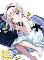 Rule 34 | 1girl, bare shoulders, barefoot, bug, butterfly, child, dress, flower, hairband, highres, bug, long hair, lying, on side, original, pillow, purple eyes, purple hair, shadow, solo, tan (tangent), white background