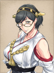 Rule 34 | 10s, 1girl, bare shoulders, black beat, black hair, breasts, collarbone, detached sleeves, glasses, grey eyes, hairband, japanese clothes, kantai collection, kirishima (kancolle), personification, short hair, sketch, smile, solo