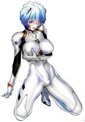 Rule 34 | 1girl, :o, alternate breast size, arm support, ayanami rei, blue hair, blush, bodysuit, bracer, grabbing another&#039;s breast, breasts, cameltoe, embarrassed, feet, female focus, full body, gloves, grabbing, grabbing own breast, hair between eyes, hair ornament, highres, hip focus, interface headset, kneeling, large breasts, legs, looking at viewer, moaning, narrow waist, neon genesis evangelion, open mouth, page number, pale skin, pilot suit, plugsuit, raised eyebrows, red eyes, shiny clothes, shiosaba, short hair, simple background, solo, spread legs, thighs, turtleneck, white background