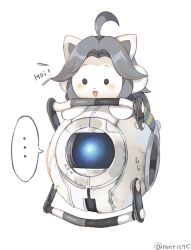 Rule 34 | ..., 1boy, 1girl, ahoge, animal, animal ears, black eyes, blue eyes, blue shirt, blush, cat, cat ears, crossover, dot eyes, grey hair, half-closed eyes, long hair, looking at another, monster, open mouth, portal (series), portal 1, rento (rukeai), robot, shirt, simple background, spoken ellipsis, striped clothes, striped shirt, sweatdrop, temmie, undertale, wheatley, white background
