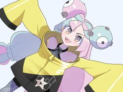 Rule 34 | 1girl, :d, absurdres, bernie (hamu-ko), black shorts, character hair ornament, commentary request, creatures (company), game freak, green hair, grey pantyhose, grey shirt, hair ornament, happy, highres, iono (pokemon), jacket, long hair, looking at viewer, multicolored hair, nintendo, open mouth, pantyhose, pokemon, pokemon sv, purple eyes, purple hair, shirt, shorts, simple background, sleeveless, sleeveless shirt, sleeves past fingers, sleeves past wrists, smile, solo, teeth, tongue, twintails, two-tone hair, upper teeth only, white background, yellow jacket