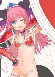 Rule 34 | 1girl, ;d, absurdres, arm up, armor, armpits, bikini armor, blue eyes, breasts, cape, commentary request, curled horns, elbow gloves, elizabeth bathory (brave) (fate), elizabeth bathory (fate), eyes visible through hair, fang, fate (series), gloves, hair ribbon, hand on own hip, highres, horns, kippu, looking at viewer, loose bikini, navel, one eye closed, open mouth, oversized clothes, pauldrons, pink hair, pointy ears, red armor, ribbon, shield, shoulder armor, simple background, small breasts, smile, solo, upper body, vambraces, white background, white cape
