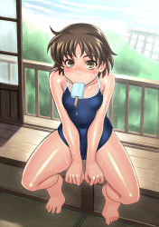 Rule 34 | 1girl, :&gt;=, blush, breasts, brown eyes, brown hair, cameltoe, cleft of venus, covered erect nipples, food, one-piece swimsuit, popsicle, school swimsuit, small breasts, solo, swimsuit, yasuomi
