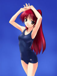 Rule 34 | 00s, armpits, blue background, blue one-piece swimsuit, brown eyes, competition school swimsuit, kousaka tamaki, norizou type-r, one-piece swimsuit, red hair, school swimsuit, simple background, solo, standing, swimsuit, to heart (series), to heart 2