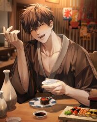 Rule 34 | 1boy, 88blowfish88, alcohol, black hair, blush, cigarette, closed eyes, commentary request, cup, drunk, food, gintama, highres, hijikata toushirou, holding, holding cigarette, indoors, japanese clothes, male focus, open mouth, pectoral cleavage, pectorals, sakazuki, sake, short hair, sitting, solo, sushi