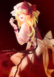 Rule 34 | 1girl, back bow, blonde hair, blood, blood on hands, bow, english text, eso9ulg97, flandre scarlet, from side, gradient background, hat, hat bow, highres, large bow, long hair, looking at viewer, looking to the side, mob cap, one side up, open mouth, puffy short sleeves, puffy sleeves, red background, red bow, red eyes, red skirt, red vest, shirt, short sleeves, simple background, skirt, skirt set, solo, teeth, touhou, upper teeth only, vest, white bow, white hat, white shirt, wings, wrist cuffs