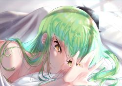 Rule 34 | 1boy, 1girl, absurdres, bed sheet, budgiepon, c.c., closed mouth, code geass, glint, green hair, hair over shoulder, highres, jewelry, lelouch vi britannia, long hair, lying, on stomach, ornate ring, portrait, ring, smile, solo focus, sparkle, straight hair, under covers, wedding ring, yellow eyes