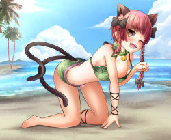 Rule 34 | 1girl, adworse, all fours, animal ears, arm ribbon, beach, bell, bent over, bikini, blue sky, blush, bow, braid, breasts, cat ears, cat tail, cleavage, cloud, collar, day, extra ears, fang, floral print, frilled bikini, frills, green bikini, hair bow, horizon, kaenbyou rin, leg ribbon, legs, medium breasts, multiple tails, neck bell, nekomata, ocean, one eye closed, open mouth, outdoors, palm tree, paw pose, red hair, ribbon, shiny skin, sky, smile, solo, strap slip, sunlight, swimsuit, tail, teeth, thighs, touhou, tree, twin braids, two tails, yellow eyes