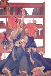 Rule 34 | 2girls, alice margatroid, black dress, blonde hair, blue dress, book, bookshelf, bow, braid, bridal gauntlets, capelet, commentary request, dress, dress tug, fuukadia (narcolepsy), hair bow, hairband, height difference, highres, kirisame marisa, lolita hairband, multiple girls, open mouth, plant, pointing, pointing up, potted plant, puffy short sleeves, puffy sleeves, reaching, sash, shanghai doll, shirt, short sleeves, single braid, touhou, wrist cuffs