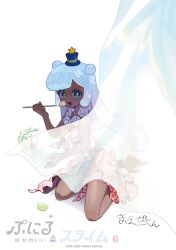 1girl artist_name blue_hair blush breasts copyright_name cover cover_page curtains dark-skinned_female dark_skin eating flower_wreath food glint green_eyes hat highres holding holding_spoon kneeling looking_at_viewer maedakun mini_hat mini_top_hat monster_girl official_art open_mouth parfait puniru_(puniru_wa_kawaii_slime) puniru_wa_kawaii_slime red_eyes sarong see-through_clothes signature slime_girl slime_hair small_breasts solo spill spoon tan tongue tongue_out top_hat white_background