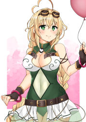 Rule 34 | 1girl, ahoge, balloon, balloon vine (flower knight girl), belt, black gloves, blonde hair, blush, bracelet, braid, breasts, cleavage, closed mouth, cowboy shot, fingerless gloves, flower knight girl, gloves, goggles, goggles on head, green eyes, green leotard, heart, heart-shaped pupils, highres, holding, holding balloon, jewelry, large breasts, legs together, leotard, long hair, looking at viewer, miniskirt, see-through, skirt, smile, solo, standing, symbol-shaped pupils, takamatsu tsukasa, white skirt