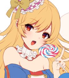 Rule 34 | 1girl, alternate costume, bare shoulders, blonde hair, blue shirt, blush, bow, breasts, candy, cleavage, clownpiece, food, hair between eyes, hand up, hat, hat bow, head tilt, holding, holding food, lollipop, long hair, looking at viewer, lowres, marota, nail polish, neck ruff, off-shoulder shirt, off shoulder, open mouth, orange nails, polka dot, polka dot headwear, puffy short sleeves, puffy sleeves, purple hat, red eyes, shirt, short sleeves, simple background, small breasts, solo, swirl lollipop, touhou, unfinished, upper body, v, white background, yellow bow